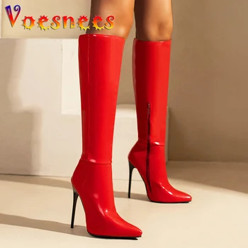 Модни Дамски Обувки на висок ток С остър Пръсти 2023, Есенно-зимни Нови Дълги Обувки За Жени, Модели На T-образен 12 cm платформа, Обувки с Високо Качество, Ръчно изработени
