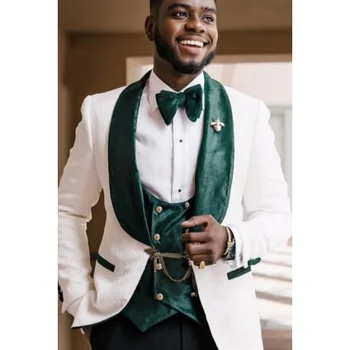 Мъжки костюм, 2 броя, бял Тънък Цветен модел, зелен ревера, бизнес костюм за сватбата, булката, Банкетна смокинг, жилетка и панталони