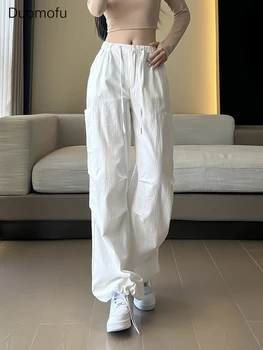 Спортни панталони Duomofu от чист памук, с бяло пране, дамски спортни панталони с еластична талия, широки ежедневни широки панталони с джобове, панталони-cargo