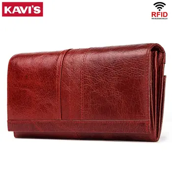 Дамски портмонета KAVIS от естествена кожа, модерен Дълъг клатч, чанта за пари, с джоб за телефон, RFID титуляр за дамска кредитна карта, червен