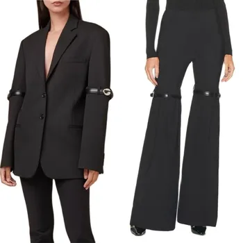 Дизайнерски черен женски костюм, комплект от 2 теми, яке + панталон-клеш, блейзър с катарама на колана + Панталони с еластичен ластик на талията от висшата мода