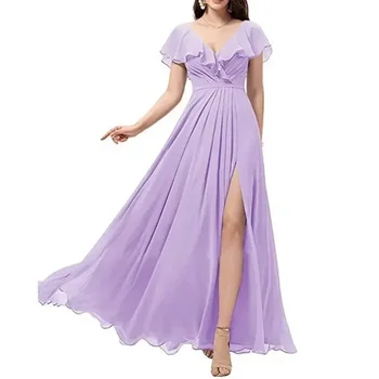 Елегантна шифоновое рокля с волани, уважаеми вечерна рокля за абитуриентски бал с V-образно деколте и висока талия, популярни обикновена рокля за бала