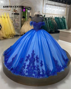 Луксозно Кралско Синьо Пищни рокля С Открити рамене 2023, Расшитое мъниста И Кружевными Апликации, Бална рокля Charro Mexican Dress vestido de 15
