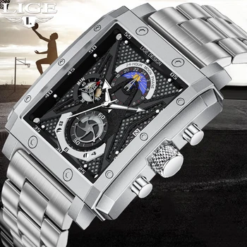 Моден кварцов часовник LIGE за мъже, ежедневни бизнес часовници, мъжки часовници на по-добро марката, луксозни спортни водоустойчив ръчен часовник с квадратна хронограф