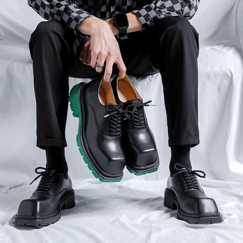 Нови Мъжки Обувки с дебела подметка с Квадратни пръсти, Класически Зелен/Черен Лоферы от естествена кожа, Мъжки обувки на дебела подметка, Мъжки обувки-Дерби