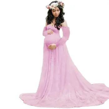 Дантелени рокли с дълги ръкави за бременните, Новородените, фотография бременност, Детски душ, Макси рокля, Сватбена рокля, дрехи за бременни
