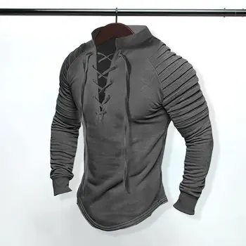 Мъжките пуловери в ретро стил с висока яка и кръстосана шнур, върхове, плисе, с дълъг ръкав, обикновена, приталенные ежедневни тениски, Градинска облекло от памук