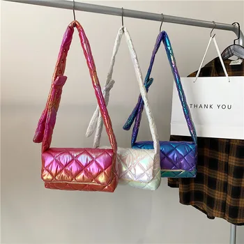 Дамска есенно-зимна модна чанта през рамо с диамант решетка, дамски лъскава розова чанта през рамо, малка чанта-месинджър