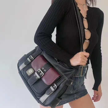 Реколта чанта през рамо Y2K, висококачествена чанта през рамо от изкуствена кожа, дамски чанти-тоут в стил хип-хоп, голяма чанта за крайградски пътувания, дамски чанти-месинджър