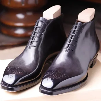 Мъжки полусапожки, кафяви, черни, дантела, с квадратни пръсти, Бизнес каубойски обувки, ръчно изработени, Модни мъжки обувки Zapatos Hombre