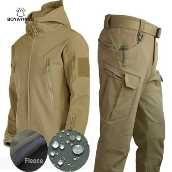Зимна Бойна риза, костюм, мъжки армейските тактически водоустойчив SoftShell яке за риболов, пешеходен туризъм, къмпинг, скално катерене, Руното яке, Панталони