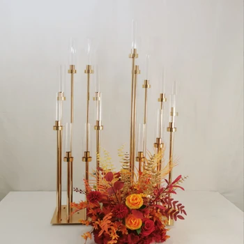 Метални свещници, Свещници от жълто злато, ваза за цветя, сватбена свещник, Централна част, маса, шкаф за колони, декорация за партита, водеща път