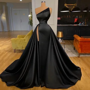 Секси Черни вечерни рокли с цепка отстрани За жени, мъниста, сатенени вечерни рокли за жени, дълга рокля за бала, Robe de Soiree 2024