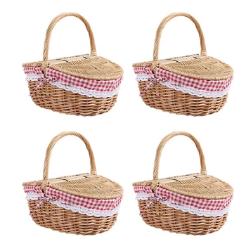 4X Ракита кошница за пикник в стил кънтри с капак, дръжка и втулки за пикник, партита и барбекю