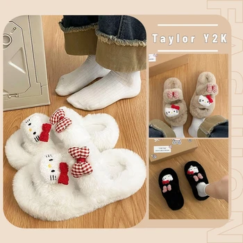 Kawaii Sanrio Hello Kitty Плюшени Чехли С Шарени Аниме Y2K Домашни Обувки За Момичета С Шарени от Картун Корейската Мода Памучен Обувки На Дебела Подметка Зима