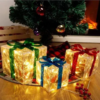 3ШТ Коледни Осветени Кутии Подарък Сърма Подарък Кутия Подаръци, Украса за Рожден Ден Празнична Парти Сватба, Коледни Украси За Партита