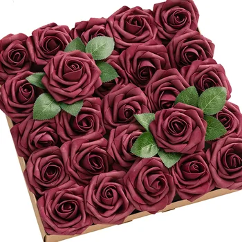 D-Seven Изкуствени цветя 25/50 бр Бордо роза с дръжка за украса на сватбени букети, със собствените си ръце
