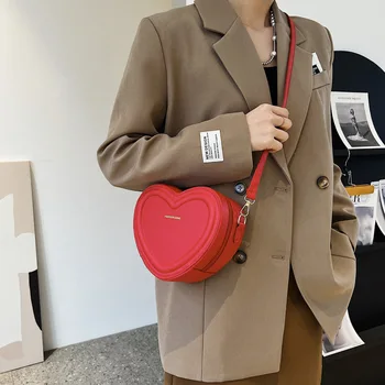 Модни дамски чанти във формата на сърце, сладко чанта през рамо от изкуствена кожа Kawaii, портфейл във формата на сърце, чанта през рамо, дамска чанта