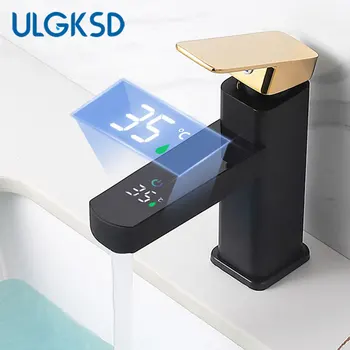 Месинг LCD смесител за мивка в банята със сензорен датчик, смесител за мивка, Черен смесител за топла и студена вода, Смесители за баня, с една дръжка, монтирани на бортике
