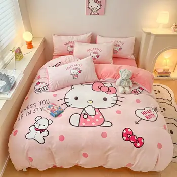 Млечен Кадифе Cinnamoroll 4шт Калъфи за спалното бельо, Калъфки за възглавници Карикатура на Sanrio Hello Kitty Пухкави Завивки Студентско Общежитие 3шт Комплект