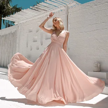 Просто Шифоновое рокля за бала 2024 с V-образно деколте и плисета, Секси Розова Дълга Елегантна Вечерна рокля с отворен гръб, Женски Лятото Бохо-триумф