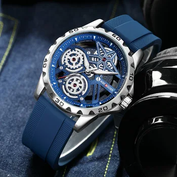 Луксозни мъжки часовник с камък циферблат, мъжки кварцов часовник, каишка силикон, мъжки спортни водоустойчив часовник Reloj Business Man, синьо-черен часовник