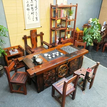 Комплект маси и столове от стария корабното дърво, Чай маса от масивно Дърво, 1 м 8, Чай кафе, Чай, определени