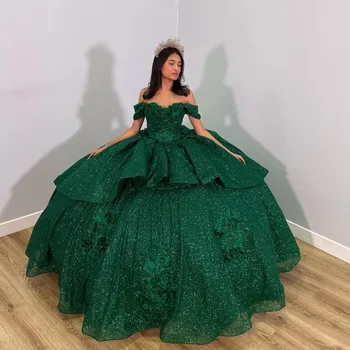 Изумрудено-зелени Лъскави буйни рокли ръчно изработени 3DFlowers, бродирани с мъниста, Бална рокля с корсет с открити рамене, за партита Sweet 15 Girls
