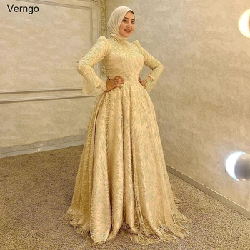 Мюсюлманската арабското вечерна рокля Verngo с високо воротом и дълги ръкави, расшитое пайети Рокля за бала в Дубай, Вечерни рокли Robe De Soirée