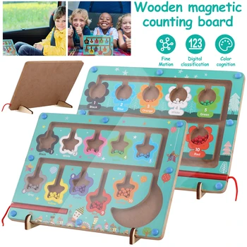 Магнитен лабиринт от цветя и цифри, пъзели в дървена магнитна дъска за деца, играчки с магнитната писалка, подбирающая цветове, игра за сортиране, обучение