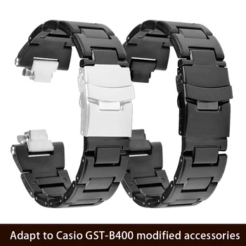 Промяна каишка за Casio G-SHOCK Steel Сърце GST-B400 GST-B400AD Аксесоари за каишка за часовник Взаимозаменяеми верижка от пластмаса и стомана, Черен