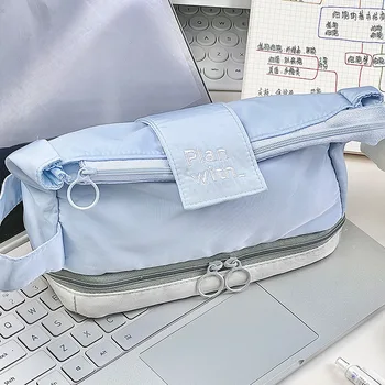 Двуслойни молив случай голям капацитет Ins Многофункционална чанта за канцеларски материали Студентски молив случай за грим Чанта за съхранение