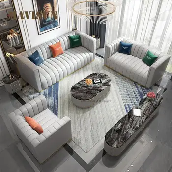 Италиански Лесен Луксозен кожен диван Chesterfield, Комбинирана всекидневна, вила, Голям апартамент, диван за дневната на първия етаж, Съвременни мебели
