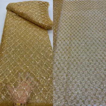 Африканска лейси плат ZH-1228855 Висококачествена Френска Окото лейси плат с пайети и мъниста, Нигерийски дантелени платове за булчински рокли