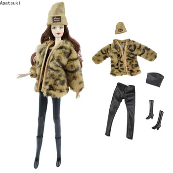 Кафяви Леопардовый модерен комплект дрехи за кукли за Костюми Барби 1/6 Аксесоари за Барби кукли за Палта на Топ Скъсяване на панталони, Шапка, Ботуши