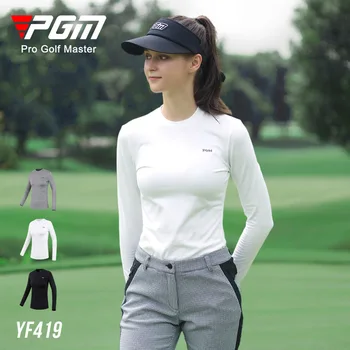 Дамски дрехи за голф PGM, в есенно-зимната тениска с кръгло деколте и дълги ръкави, топли дамски matte подплата