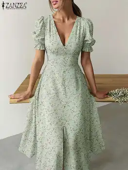 ZANZEA Женски богемное рокля с V образно деколте Модно вечерна рокля с пищни ръкави Секси корсетный дреха с висока талия Елегантна рокля Миди с флорални принтом