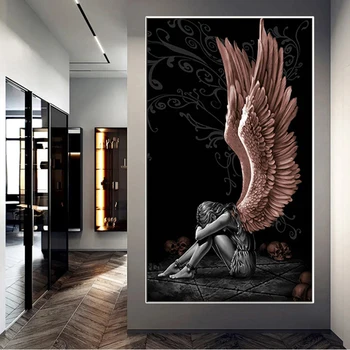 Нов стил Angel 5d Diamonds Живопис Сив Герой Крила Череп Картина за домашен интериор Хол Пълна Картина с диаманти САМ 2023