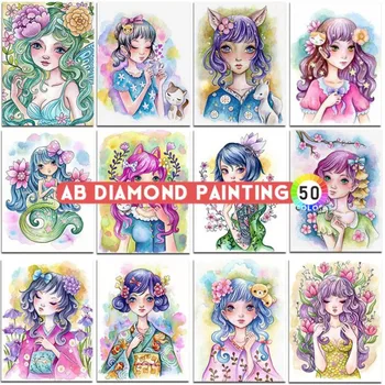 AB Diamond Живопис Пъстър набор от аниме Момиче цвете Принцеса 5D Мозайка бродерия на кръстат бод Художествени стикери за стена Home Decor