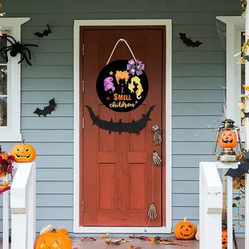 Дървена врата табела за Хелоуин с орнаменти, подвесная Кръгла врата табела Празнична Вещици, надушвам детска дървена декорация за фокуси.