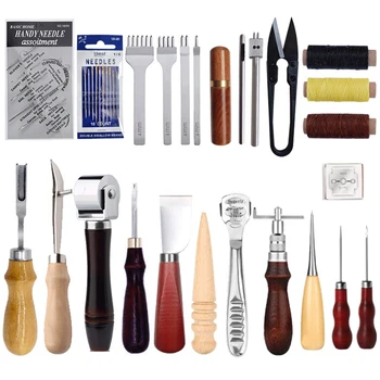 Професионален набор от инструменти за фабрика за щавене на кожи занаяти, Ремонт комплект за ръчно шиене, Фърмуер восъчни конци, Перфоратор, Канавка, за дърворезба, Набор от инструменти за 
