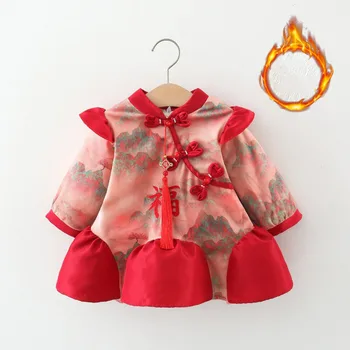 Чонсам за момичета, Коледна празник Ципао, Червено бебешка рокля в китайски стил, Топли Зимни екипи от мек памук