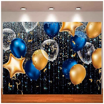 Кралско синьо и златно фон за снимки с въздушно топка, сватбен блясък (без блясък) Фон за парти за рожден ден, декорация, банер