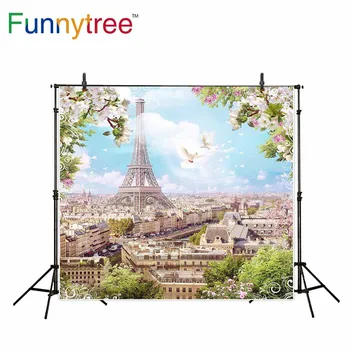 Забавен фон от дърво за фото студио Айфеловата кула в Париж цвете пролет гълъб природа фон за снимки фотосесия фотобудка