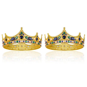 2 Златни царски корони за мъже - реколта короната с кристали в стил барок, мъжки кралската корона за театрални бала.